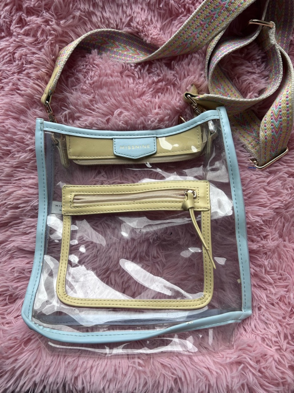 Clear Crossbody Bag with Pastel Yellow Pocket & Light Blue Trim